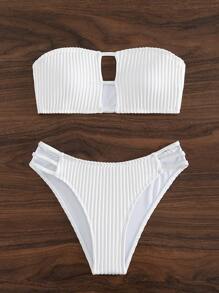 Cut Out Bandeau Summer Beach Bikini Set - White - View 4