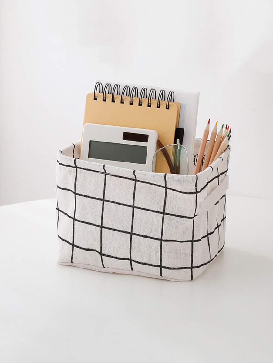 1pc Plaid Pattern Stationery Storage Basket - White - View 1