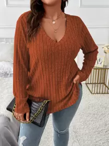 Calvaya Plus V Neck Marled Knit Tee - Rust Brown - View 2