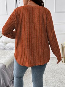 Calvaya Plus V Neck Marled Knit Tee - Rust Brown - View 3
