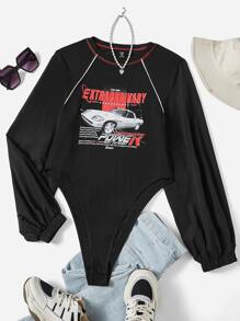 SHEIN EZwear 大碼字母和車圖案燈籠袖連體衣