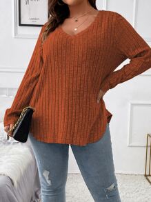 Calvaya Plus V Neck Marled Knit Tee - Rust Brown - View 4