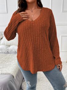 Calvaya Plus V Neck Marled Knit Tee - Rust Brown - View 5