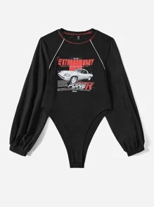 SHEIN EZwear 大碼字母和車圖案燈籠袖連體衣