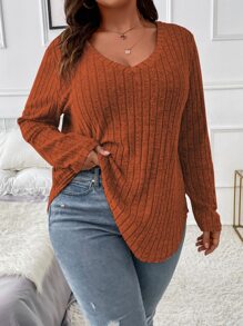 Calvaya Plus V Neck Marled Knit Tee - Rust Brown - View 6