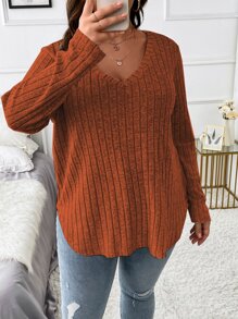 Calvaya Plus V Neck Marled Knit Tee - Rust Brown - View 7