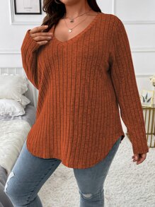 Calvaya Plus V Neck Marled Knit Tee - Rust Brown - View 8