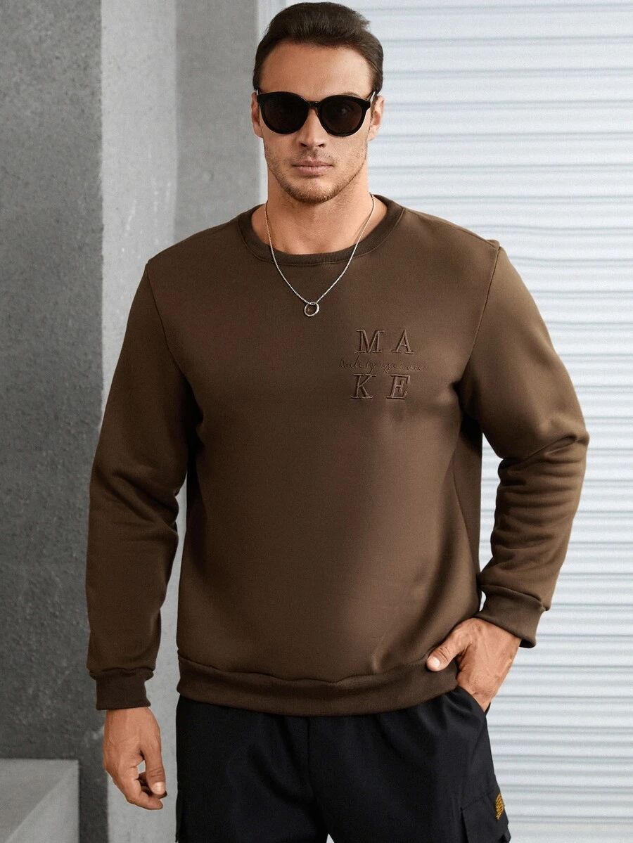 Manfinity Men Plus Letter Embroidery Sweatshirt - Mocha Brown - View 1