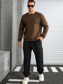 Manfinity Men Plus Letter Embroidery Sweatshirt - Mocha Brown - View 4