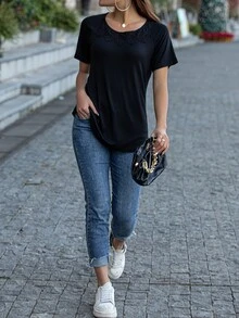 AAmilife Contrast Guipure Lace Raglan Sleeve Tee - Black - View 4