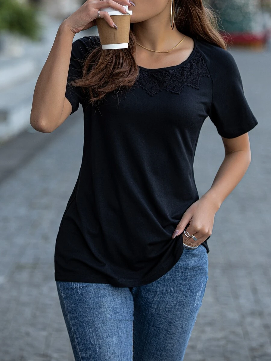 AAmilife Contrast Guipure Lace Raglan Sleeve Tee - Black - View 1