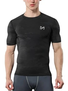 Men Camo Print Sports Tee Gym Clothes Men,Compression Top - Black - View 1