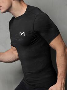 Men Camo Print Sports Tee Gym Clothes Men,Compression Top - Black - View 2