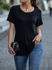 AAmilife Contrast Guipure Lace Raglan Sleeve Tee - Black - View 6