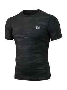 Men Camo Print Sports Tee Gym Clothes Men,Compression Top - Black - View 3