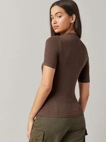 SHEIN BASICS Camiseta tejida de canalé de cuello alto - Marrón Chocolate - Ver 3