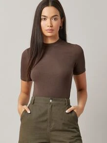 SHEIN BASICS Camiseta tejida de canalé de cuello alto - Marrón Chocolate - Ver 5