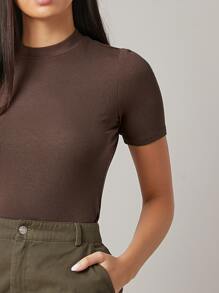 SHEIN BASICS Camiseta tejida de canalé de cuello alto - Marrón Chocolate - Ver 4