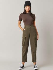 SHEIN BASICS Camiseta tejida de canalé de cuello alto - Marrón Chocolate - Ver 6