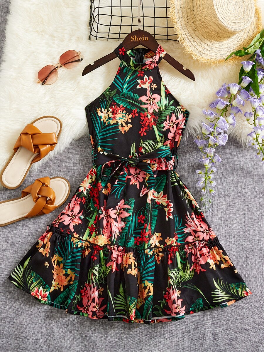 SHEIN Đầm Gái Thắt lưng viền lá sen Viên lá sen Dây kéo Nhiệt đới Boho - Nhiều màu - Xem 1