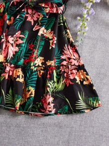 SHEIN Đầm Gái Thắt lưng viền lá sen Viên lá sen Dây kéo Nhiệt đới Boho - Nhiều màu - Xem 3