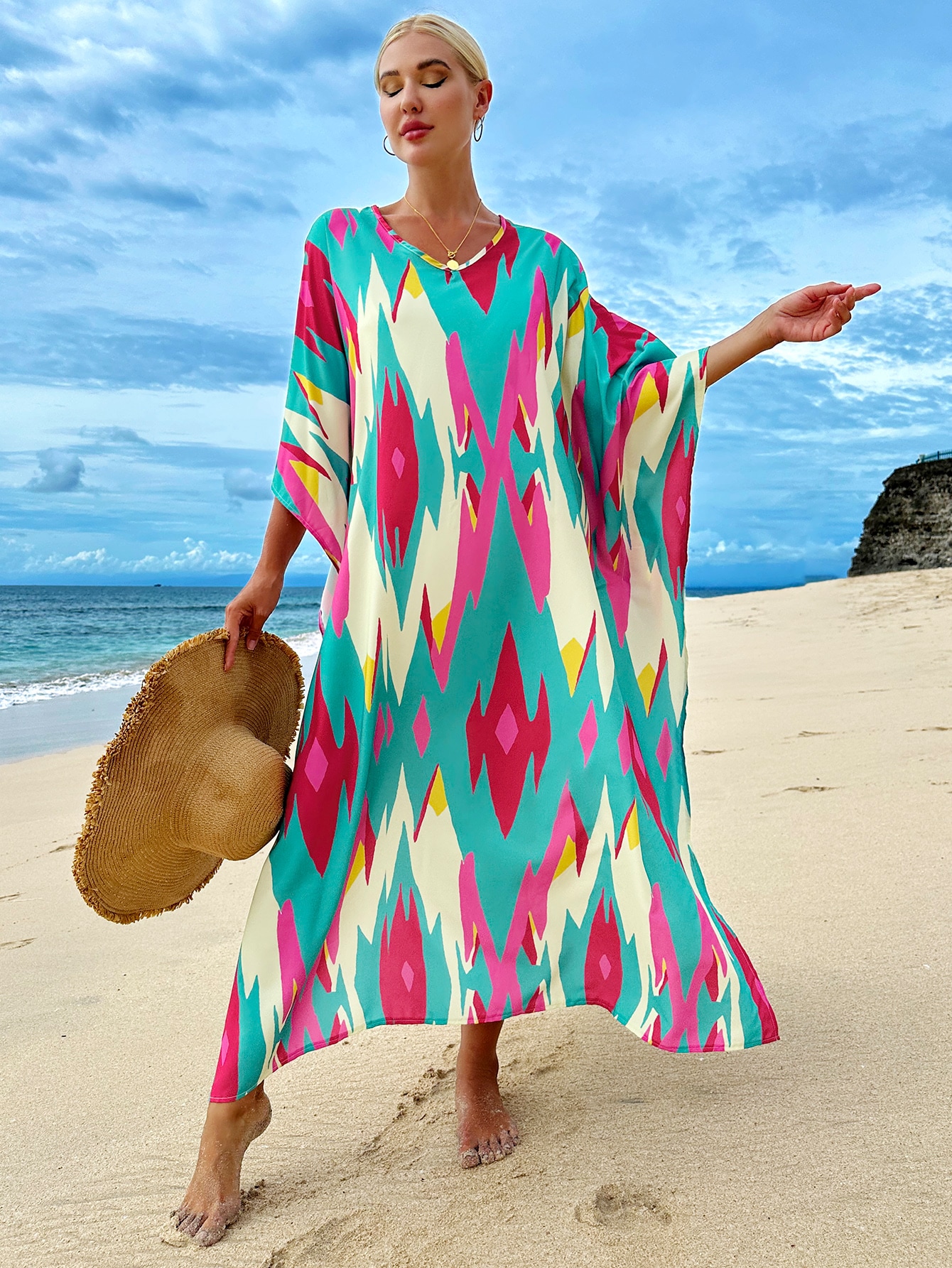 Allover Print Batwing Sleeve Cover Up Dress SHEIN USA