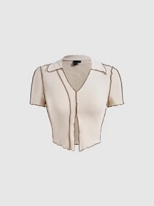SHEIN MOD Áo thun tay ngắn dệt kim gân có đường khâu trên cùng - Màu be - Xem 1