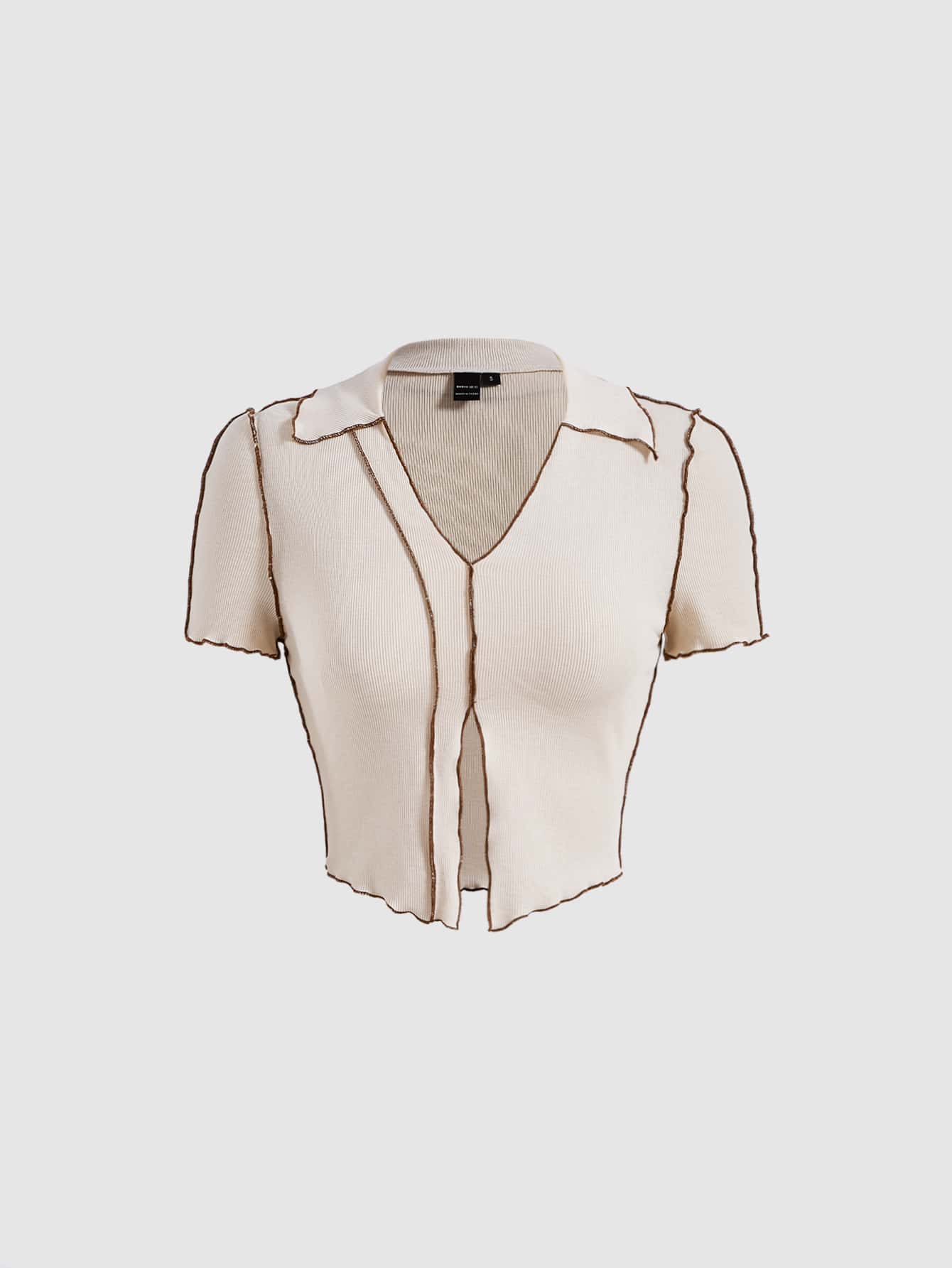 SHEIN MOD Áo thun tay ngắn dệt kim gân có đường khâu trên cùng - Màu be - Xem 1