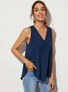 SHEIN Essnce Top unicolor escote v - Azul Marino - Ver 3