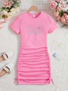 SHEIN 青少年女孩水鑽字母圖案側抽繩洋裝 - 粉色 - 查看 1