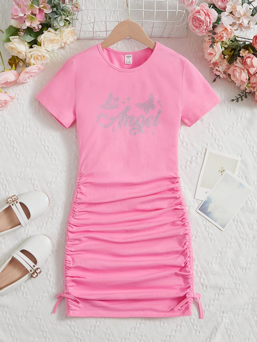SHEIN 青少年女孩水鑽字母圖案側抽繩洋裝 - 粉色 - 查看 1