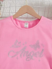 SHEIN 青少年女孩水鑽字母圖案側抽繩洋裝 - 粉色 - 查看 3