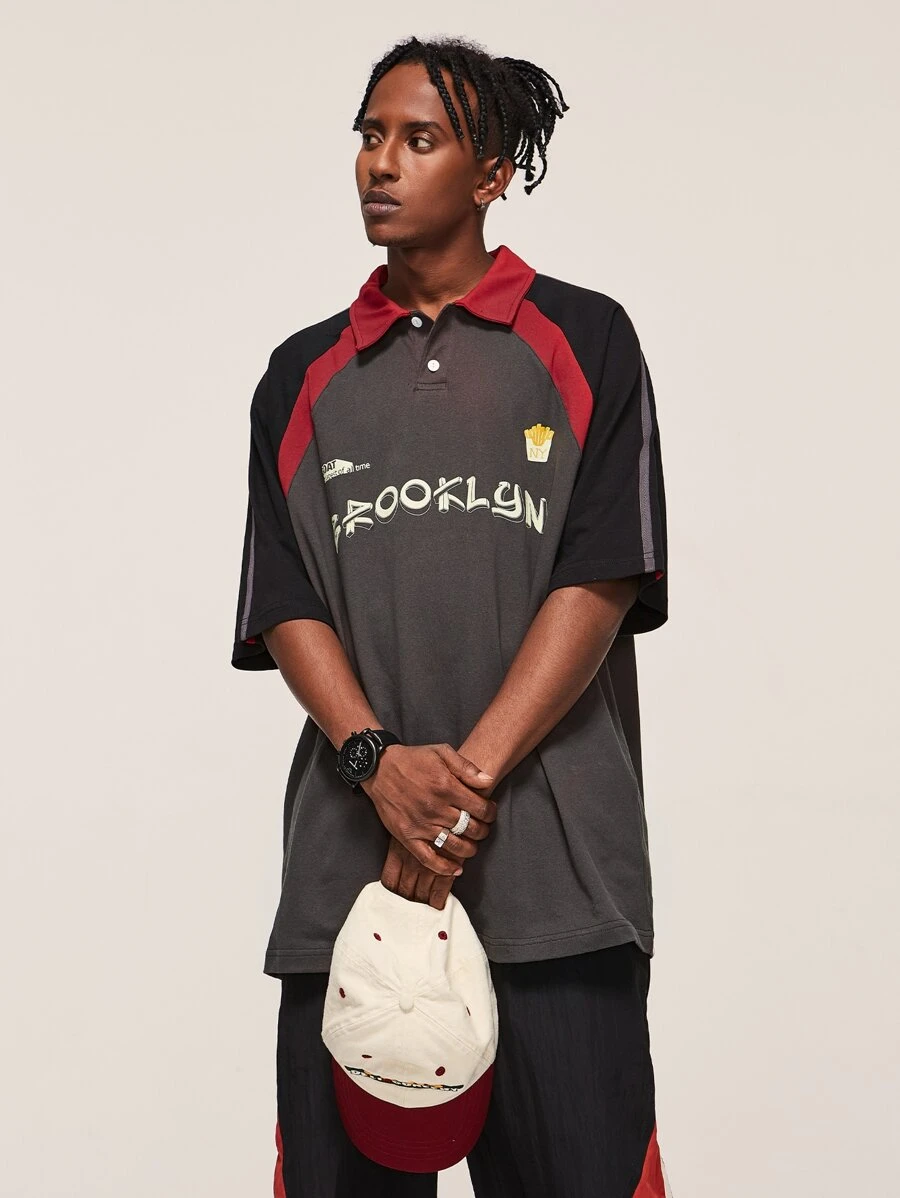 INFLATION Áo thun có cổ Nam Tương phản ren Nút phía trước Khối Màu Lá thư Giải trí - Màu xám đen - Xem 1