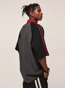 INFLATION Áo thun có cổ Nam Tương phản ren Nút phía trước Khối Màu Lá thư Giải trí - Màu xám đen - Xem 2