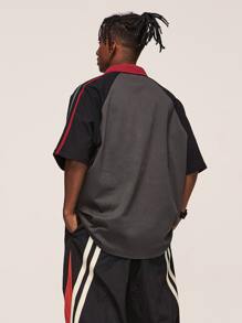 INFLATION Áo thun có cổ Nam Tương phản ren Nút phía trước Khối Màu Lá thư Giải trí - Màu xám đen - Xem 3