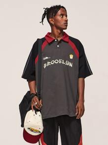 INFLATION Áo thun có cổ Nam Tương phản ren Nút phía trước Khối Màu Lá thư Giải trí - Màu xám đen - Xem 4