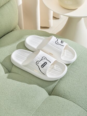 Preppy White Slide Shoes Women Cartoon & Letter Graphic Slides