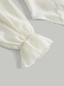 SHEIN MOD Square Neck Ruffle Trim Virago Sleeve Crop Blouse,Long Sleeve Tops - Beige - View 5