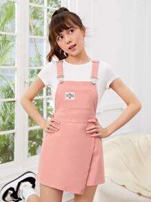 SHEIN Teen Girls Letter Patched Detail Overall Dress Without Tee - Baby Pink - View 3
