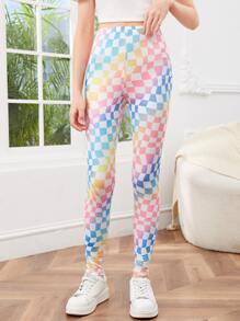 SHEIN Teen Girls Checker Print Leggings - Multicolor - View 2