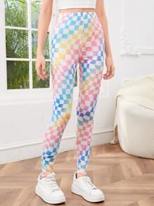 SHEIN Teen Girls Checker Print Leggings - Multicolor - View 1