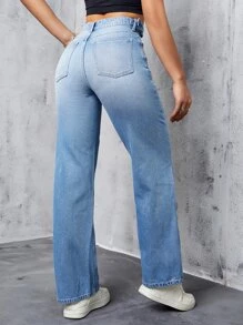 High Waist Straight Leg Jeans - Light Wash - View 2