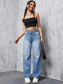 High Waist Straight Leg Jeans - Light Wash - View 6