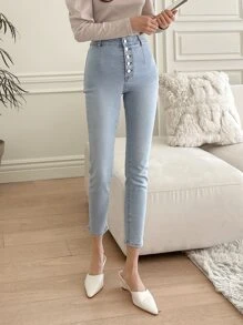 DAZY 紐扣門襟緊身九分牛仔褲 - 淺色水洗藍 - 查看 1