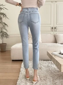 DAZY 紐扣門襟緊身九分牛仔褲 - 淺色水洗藍 - 查看 2