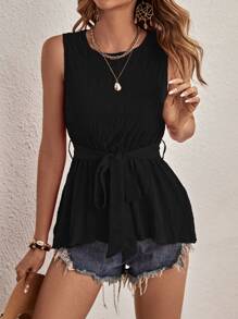 SHEIN LUNE 素色無袖腰帶襯衫 - 黑色 - 查看 4