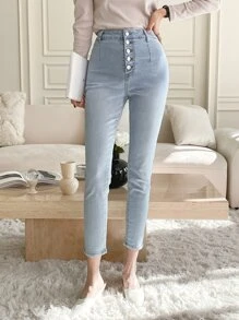 DAZY 紐扣門襟緊身九分牛仔褲 - 淺色水洗藍 - 查看 4