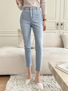 DAZY 紐扣門襟緊身九分牛仔褲 - 淺色水洗藍 - 查看 6