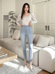 DAZY 紐扣門襟緊身九分牛仔褲 - 淺色水洗藍 - 查看 8