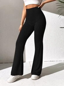 SHEIN Essnce Solid Flare Leg Trousers - Black - View 4